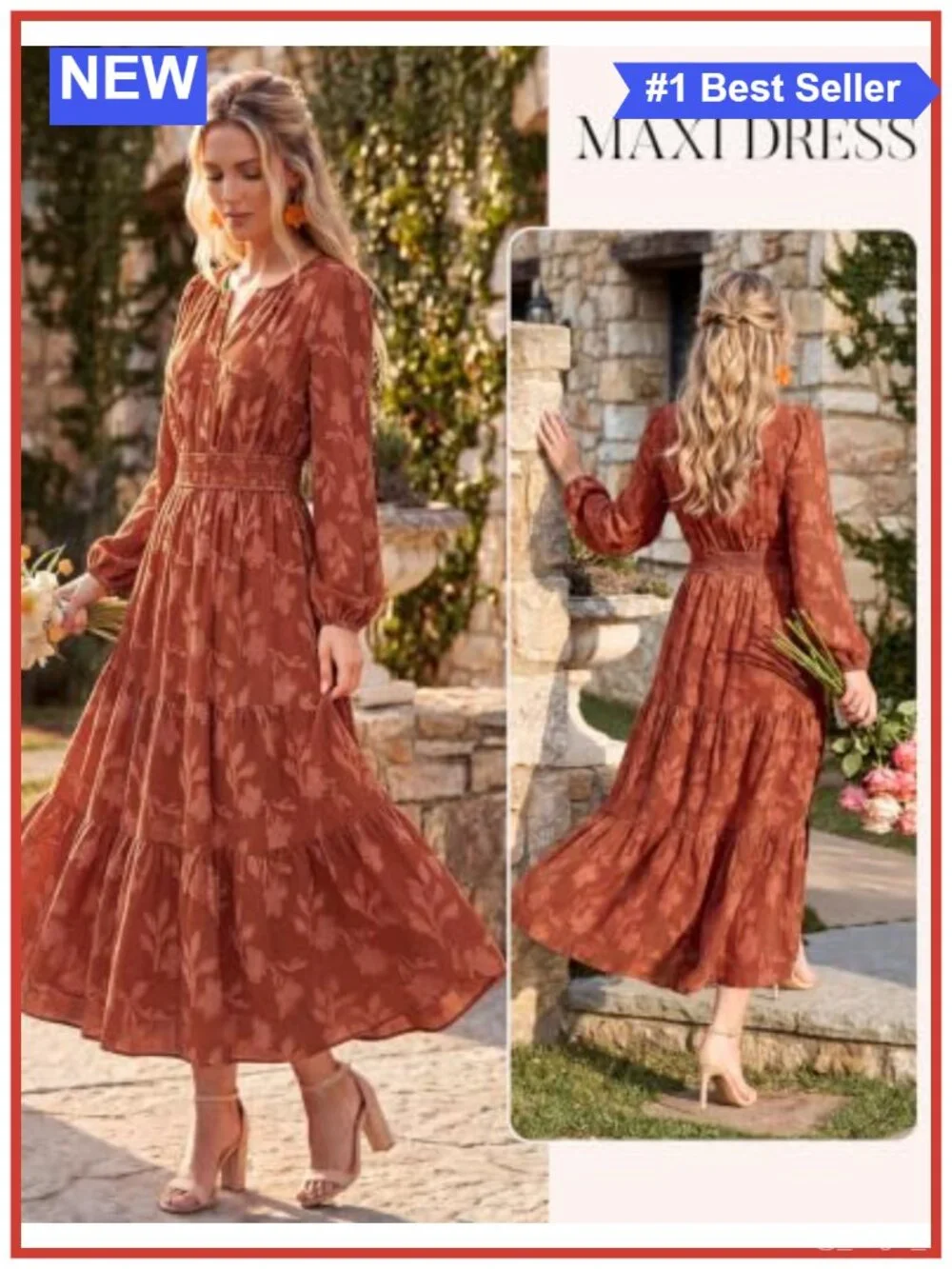 Boho Floral Maxi Dress with Pockets, Long Sleeve Wedding Guest Dress